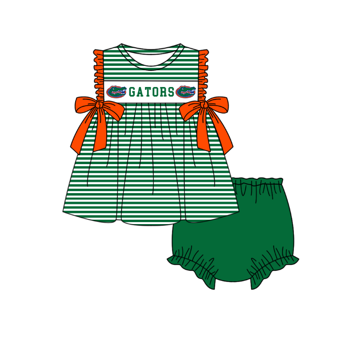 Preorder (moq 5)Baby Girls Green Sleeveless Gators Stripe Tunic Bummies Team Clothes Sets