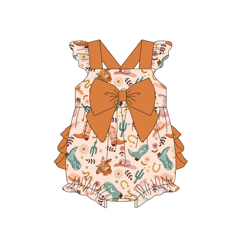 Preorder (moq 5)Baby Girls Flutter Sleeves Floral Highland Cows Ruffle Bubble Rompers