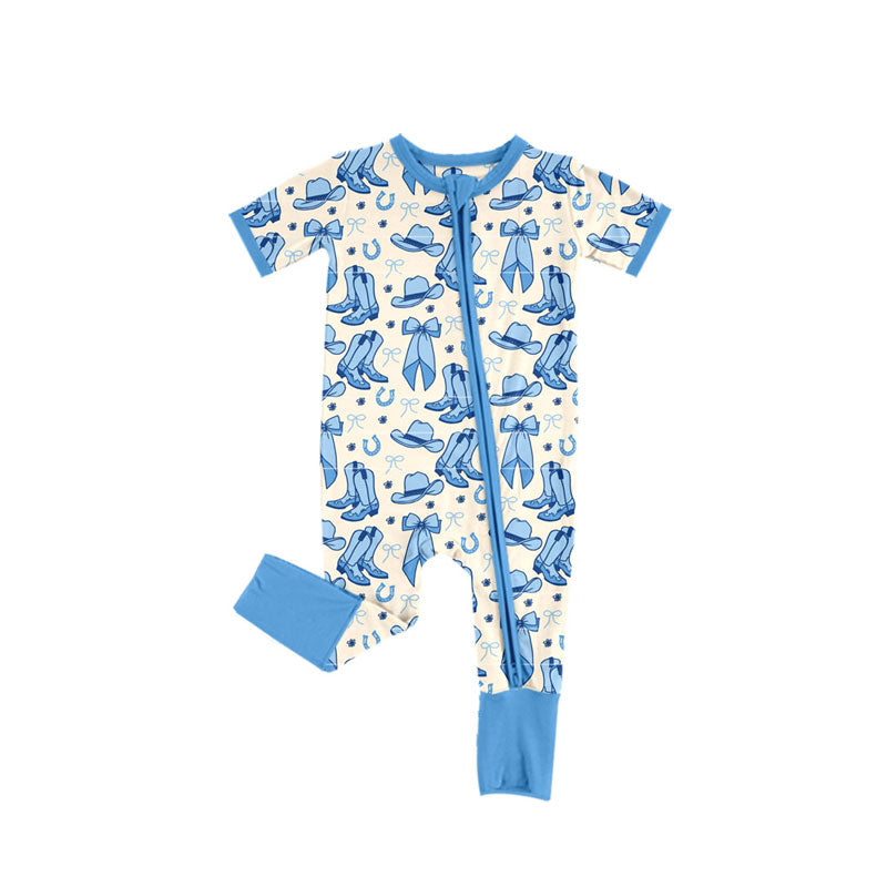 Preorder (moq 5)Baby Girls Bows Boots Hats Western Two Way Zip Convertible Rompers