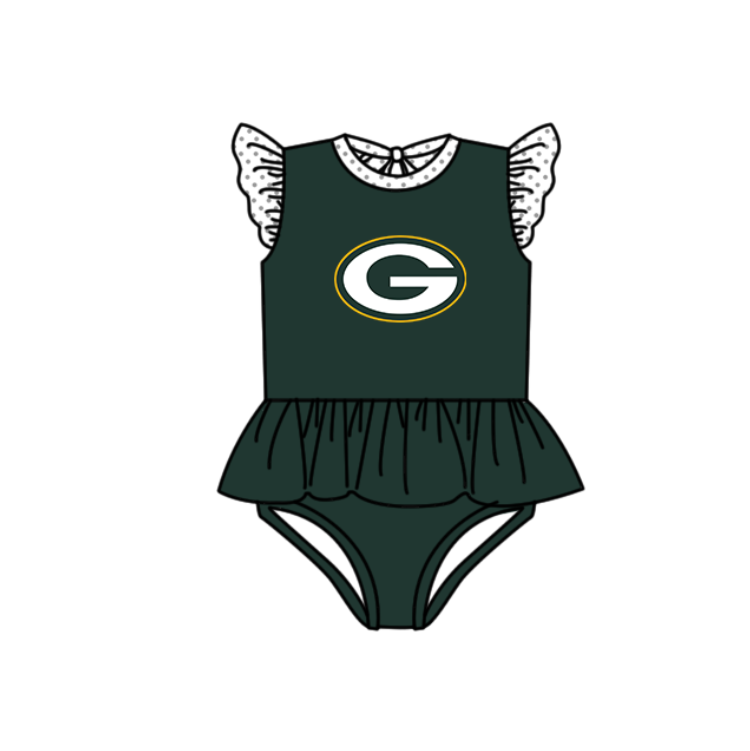 Preorder moq 5 Baby Girls Green Flutter Sleeve G Team Swimsuits