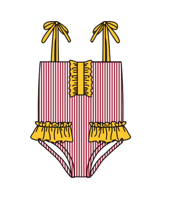 Preorder moq 5 Baby Girls Strap Red Stripe Team Swimsuits