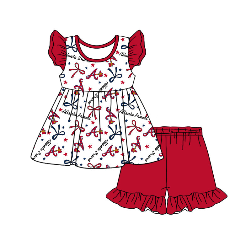 Preorder (moq 5)Baby Girls Flutter Sleeve Bows Stars Tunic Ruffle Short Team Clothes Sets