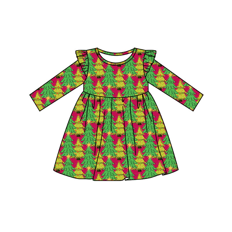 Preorder (moq 5)Baby Girls Trees Plaid Christmas Knee Length Dresses
