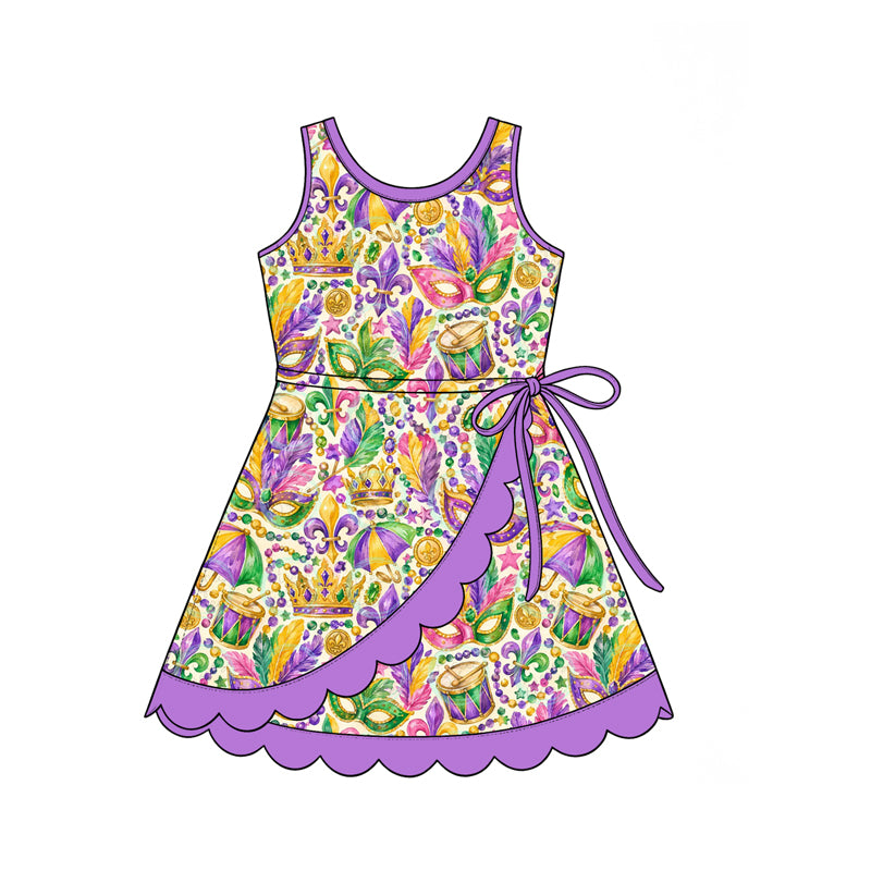 Preorder (moq 5) Girls’ Purple Sleeveless Mask & Crown Round-Neck Ruffle Dress | Festive Kids’ Party Dress Set