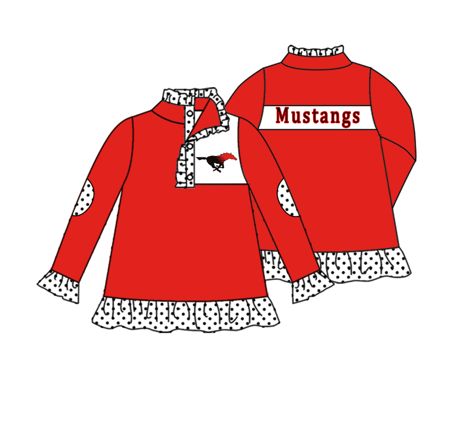 Split Preorder July 21th Baby Girls Team Red Long Ruffle Sleeves Mustangs Button Pullovers Top
