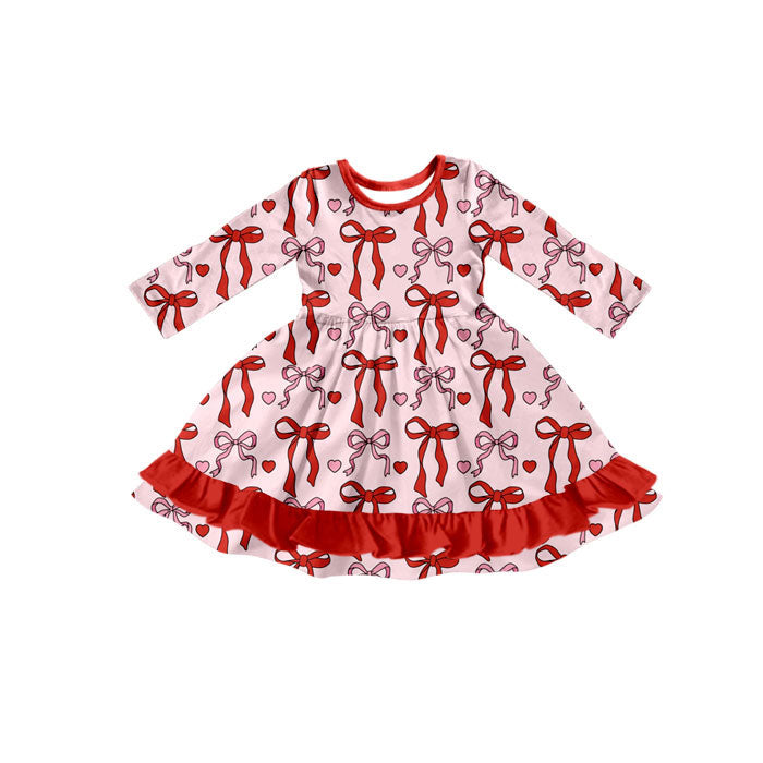Preorder(moq 8)Baby Girls Red Hearts Bows Valentine Ruffle Knee Length Dresses