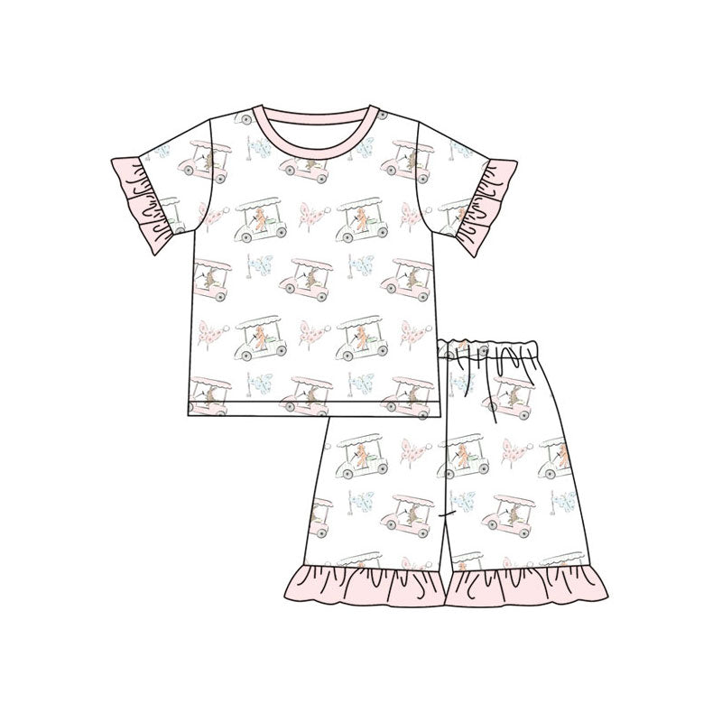 Preorder(moq 5) Baby Girls Golf Trucks Butterfly Top Ruffle Shorts Pajamas Set