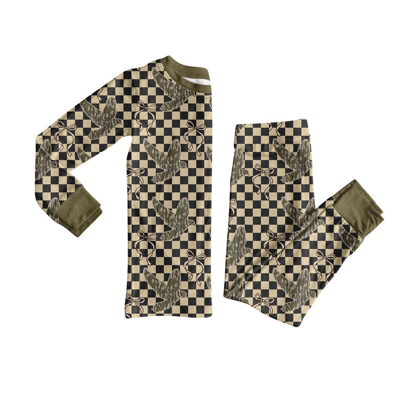 Preorder(moq 8)Baby Girls Checked Bows Camo Ducks Hunting Top Pants Pajamas Sets