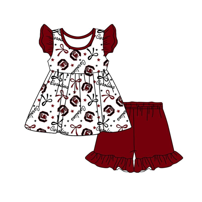 Preorder (moq 5)Baby Girls Flutter Sleeve Bows Stars Tunic Ruffle Short Team Clothes Sets