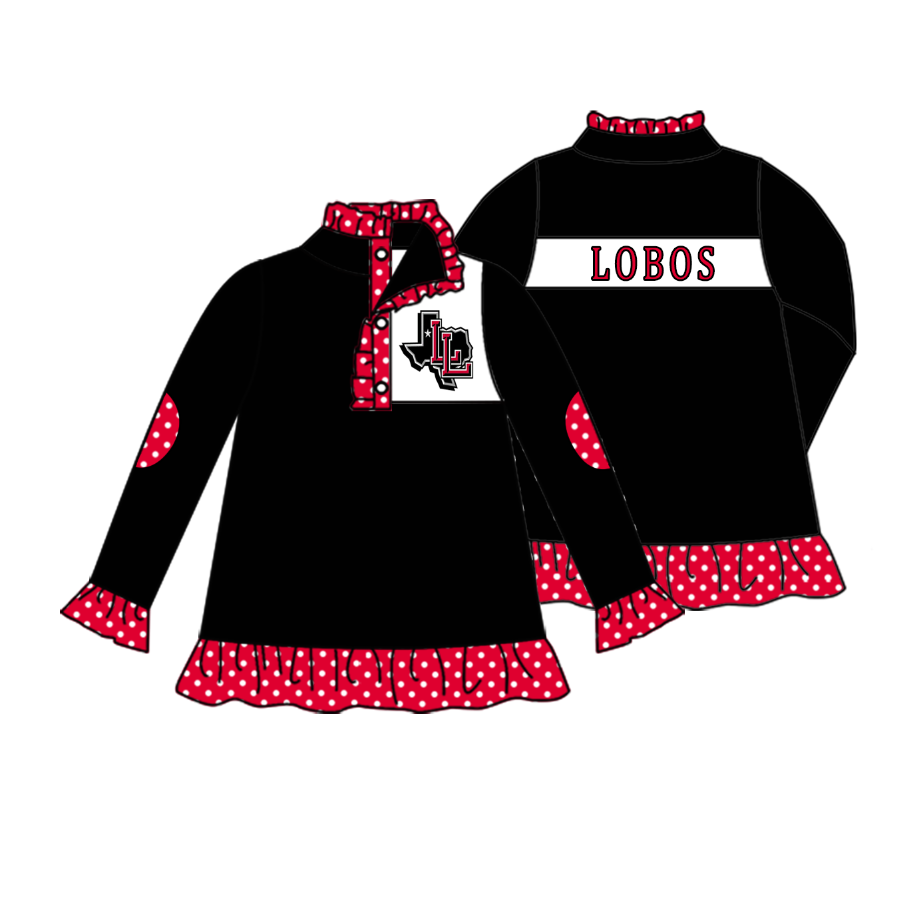 Split Preorder July 21th Baby Girls Team Black Long Ruffle Sleeves Lobos Button Pullovers Top