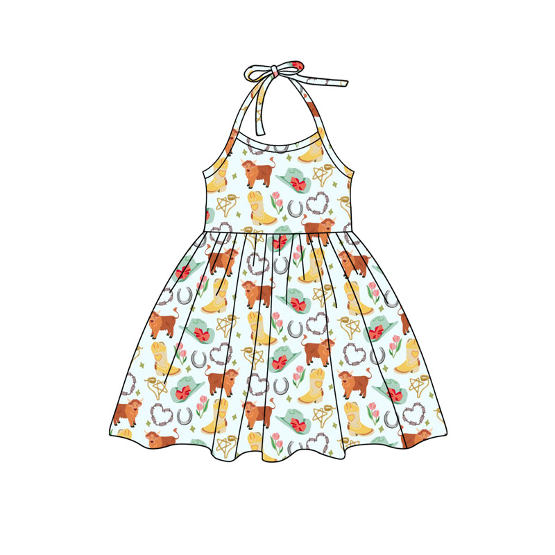 Preorder (moq 5)Baby Girls Aqua Strap Highland Cows Hats Knee Length Dress
