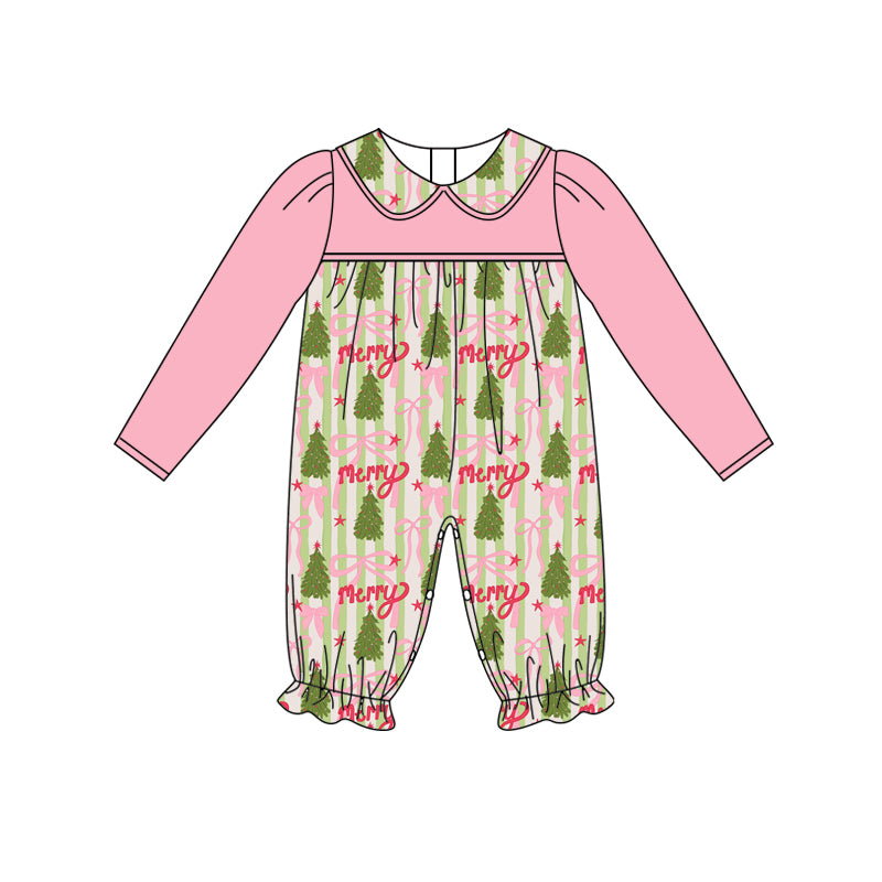 Preorder (moq 5)Baby Girls Pink Long Sleeves Bows Trees Stripes Ruffle Pant Rompers