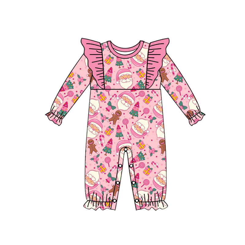 Preorder (moq 5)Baby Girls Pink Long Sleeves Trees Santa Ruffle Rompers