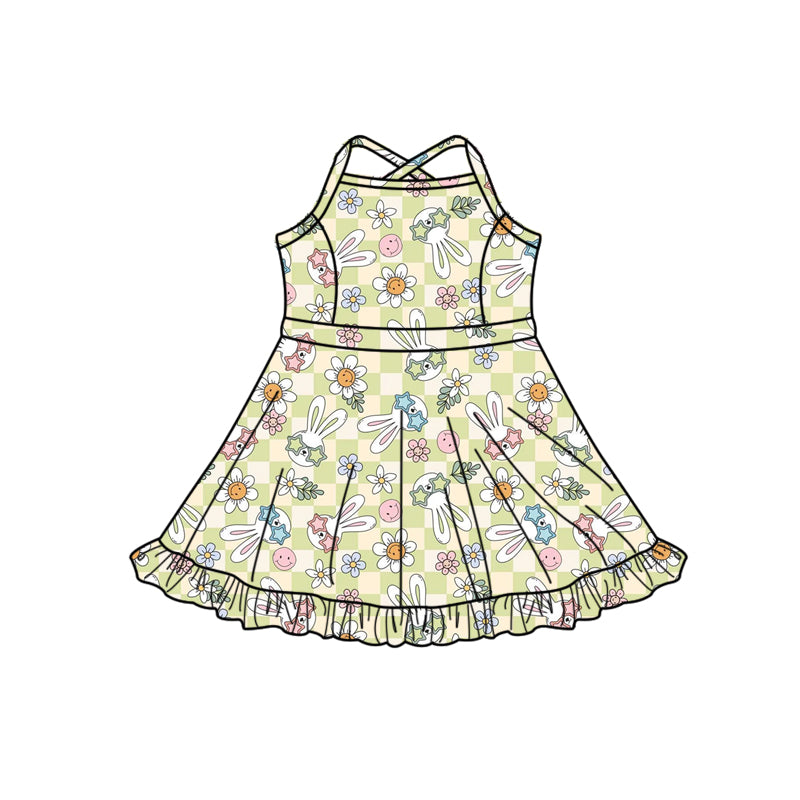 Preorder (moq 5)Baby Girls Strap Flowers Rabbits Easter Shorts Ruffle Knee Length Dresses