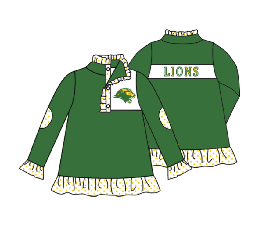 Split Preorder July 21th Baby Girls Team Green Long Ruffle Sleeves Lions Button Pullovers Top
