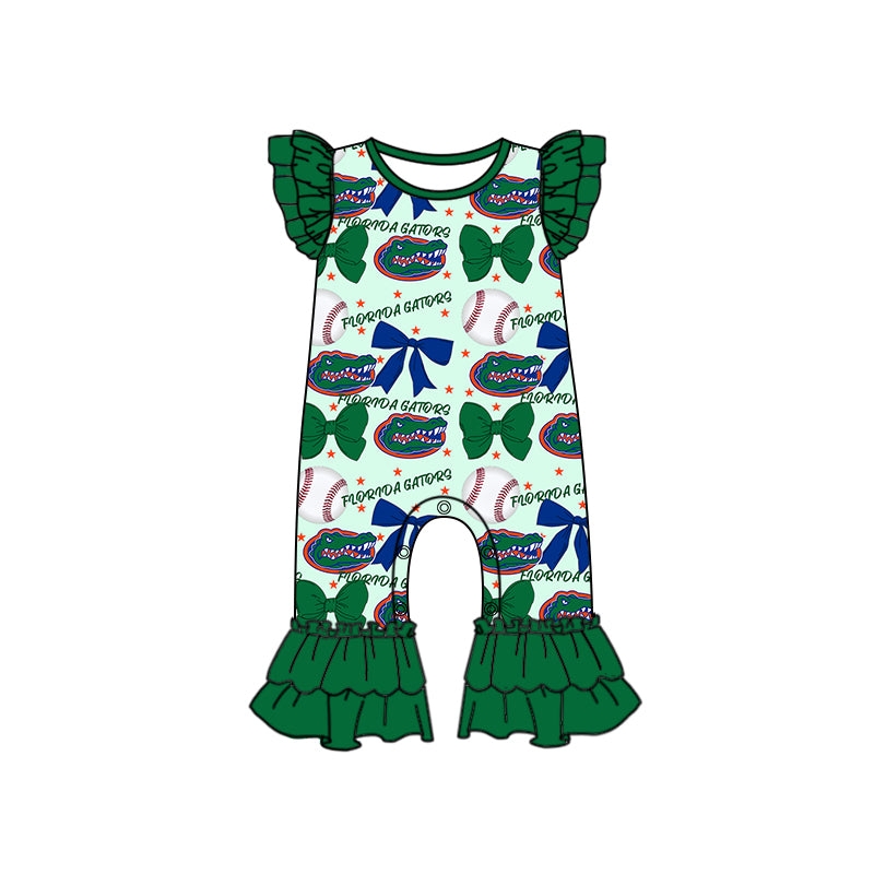 Preorder (moq 5)Baby Girls Green Flutter Sleeves Baseball Bows Crocodiles Ruffle Pant Team Rompers
