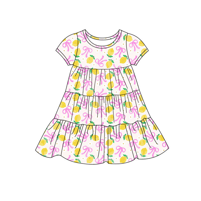 Preorder(moq 5) Baby Girls Bows Lemons Patchwork Ruffle Knee Length Dresses