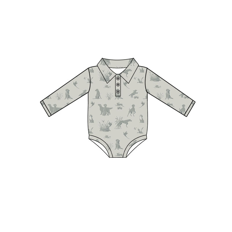 Preorder (moq 5)Baby Boys Long Sleeve Dogs Ducks Hunting Button Rompers