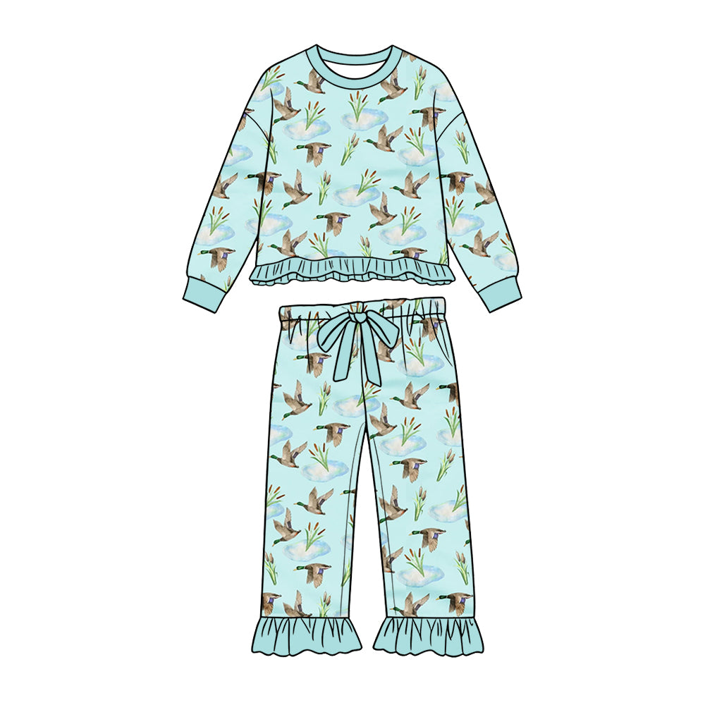 Preorder (moq 5) Baby Girl Clothes Light Blue Water Mallard Duck Allover Print Long Sleeve Ruffle Top Flare Pant Set