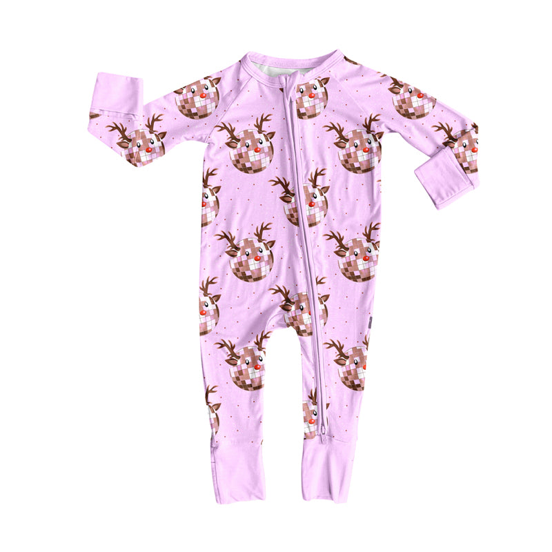 Preorder (moq 5)Baby Girls Lavender Long Sleeves Plaid Deer Plaid Zipper Rompers