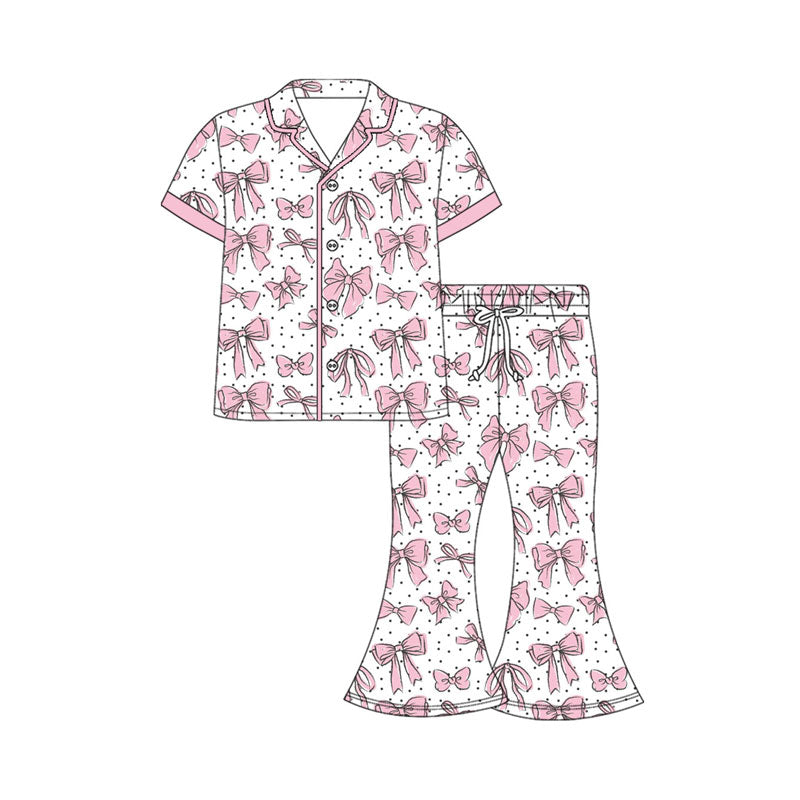 Preorder moq 5 Adult Women Bows Polka Dots Button Top Bell Bottom Pants Pajamas Sets