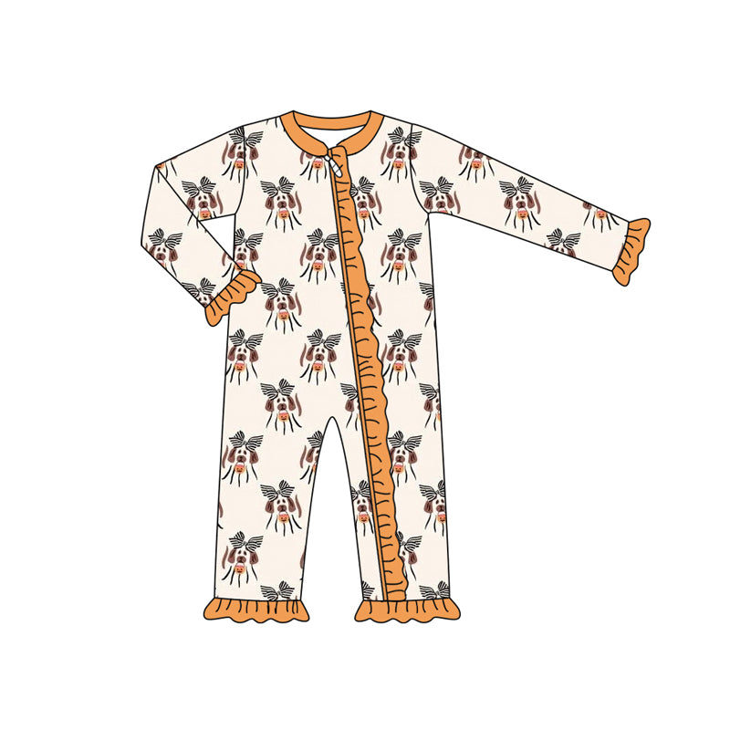 Preorder (moq 5)Baby Girls Long Sleeves Bows Dogs Plaid Ruffle Zipper Pant Romper