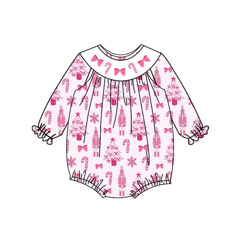 Preorder (moq 5)Baby Girls Long Sleeves Pink Trees Soldiers Bows Ruffle Romper