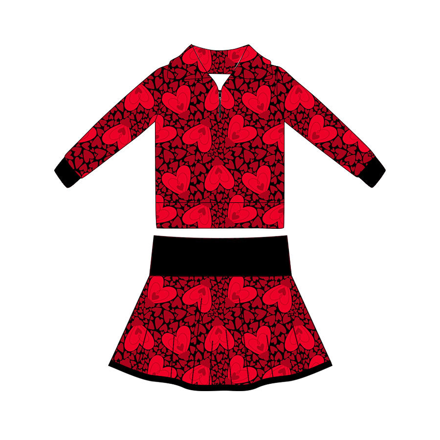 Preorder(moq 5) Baby Girls Red Hearts Leopard Zipper Pullovers Skirts Valentine Clothes Sets