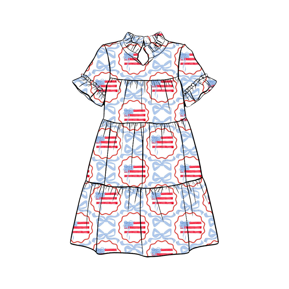 Preorder (moq 5)Baby Girls Bows Flags Checked 4th of July Patchwork Knee Length Dresses