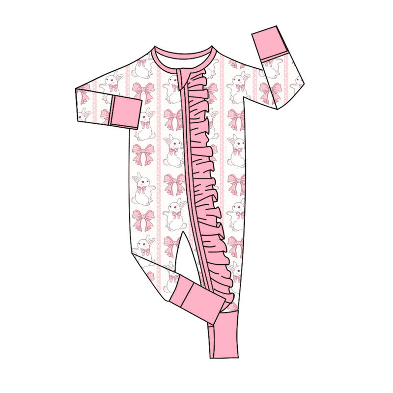 Preorder (moq 5)Baby Girls Pink Bows Rabbits Stripe Easter Two Way Ruffle Zip Convertible Rompers