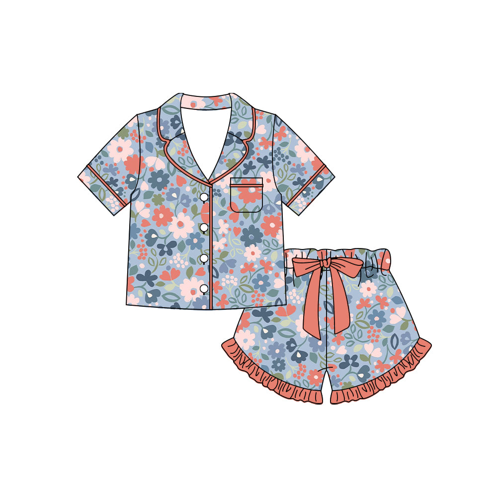 Preorder moq 5 Baby Girls Colorful Flowers Button Pocket Top Ruffle Shorts Pajamas Sets