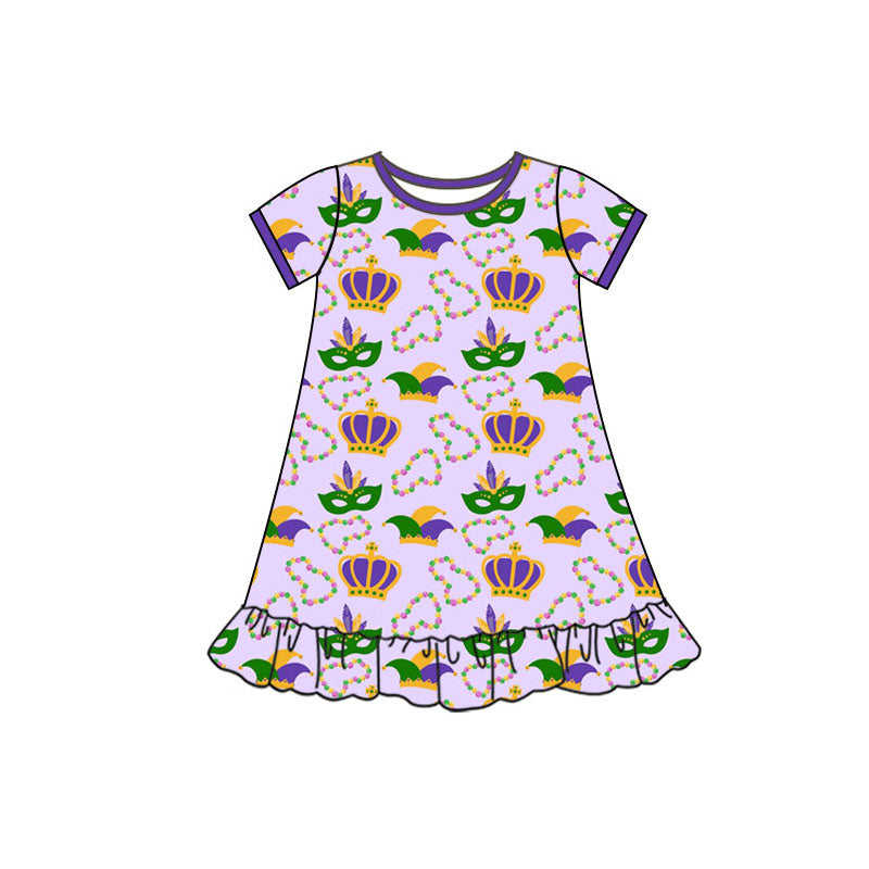 Preorder(moq 5) Baby Girls Mardigras Short Sleeve Anchors Masks Ruffle Knee Length Dresses