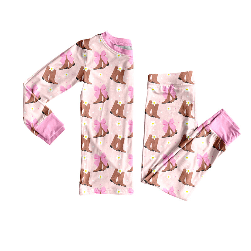Preorder(moq 5) Baby Girls Western Boots Bows Top Pants Lounge Wear Pajamas Sets