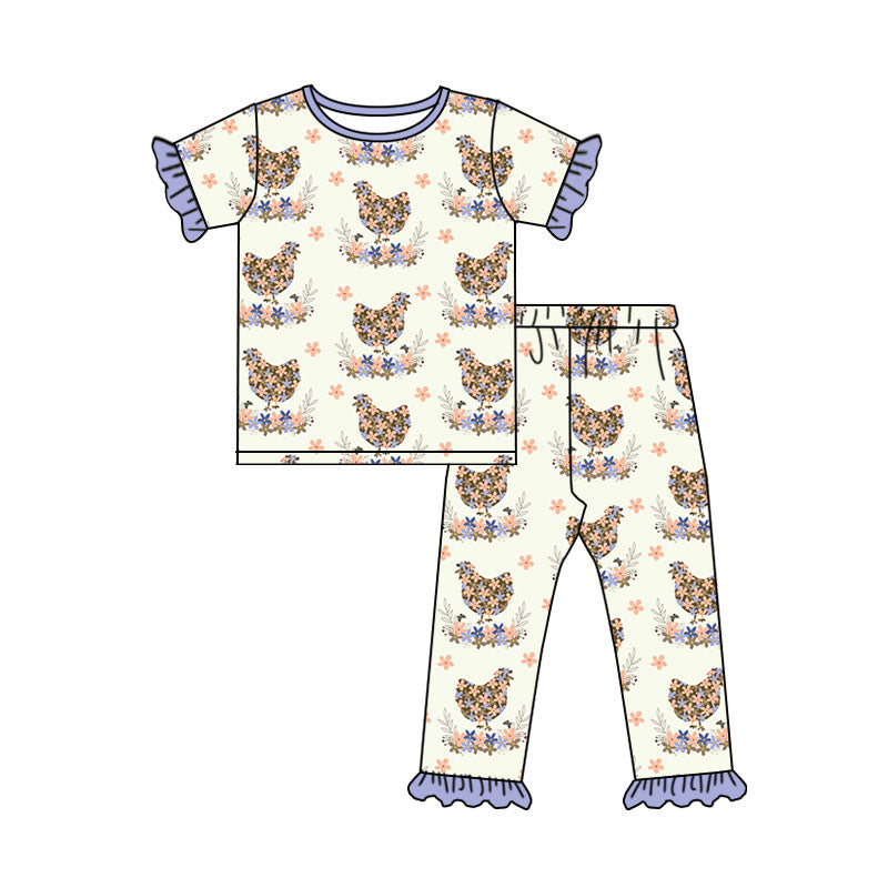 Preorder (moq 5) Baby Girl Clothes Floral Chicken Mixed Print Short Sleeve Ruffle Pajama Set