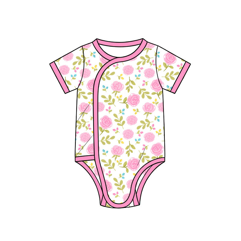 Preorder (moq 5) Baby Girl Clothes Soft Pink Rose Mixed Print Short Sleeve Side Snap Baby Bodysuit