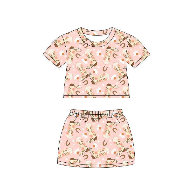Preorder (moq 5)Baby Girls Boots Flowers Top Skirt Shorts Western Clothes Set