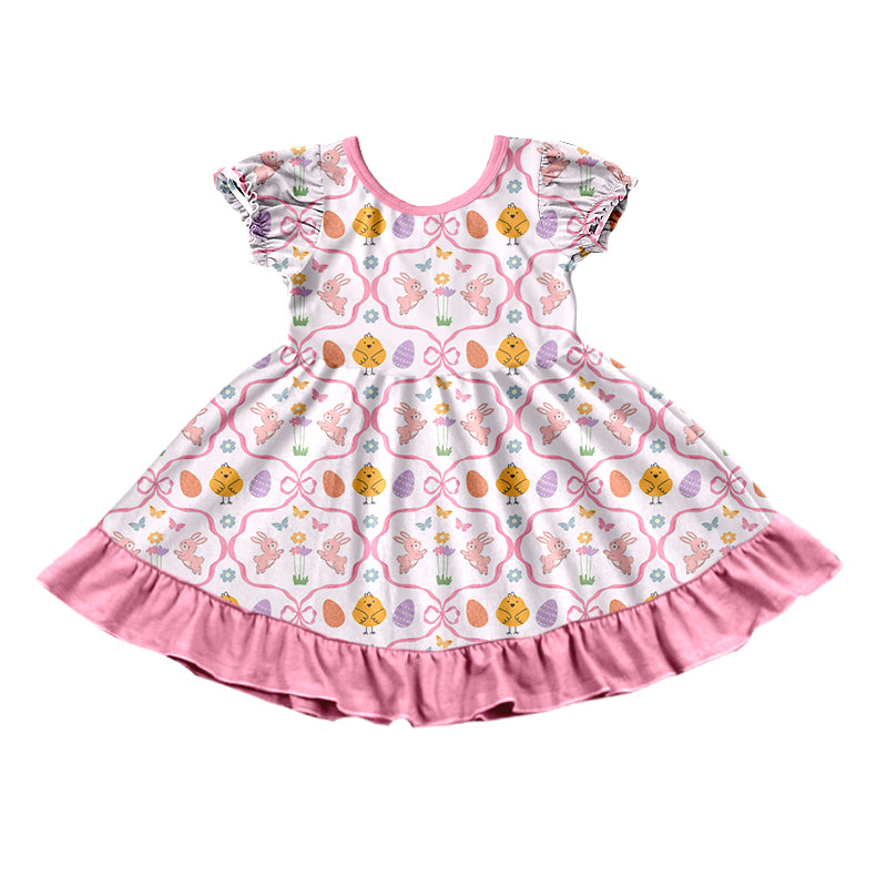 Preorder moq5 Baby Girls’ Dusty Pink & Soft Yellow Chick and Bunny Short-Sleeve Round-Neck Ruffle Dress, Matching Sister Outfit