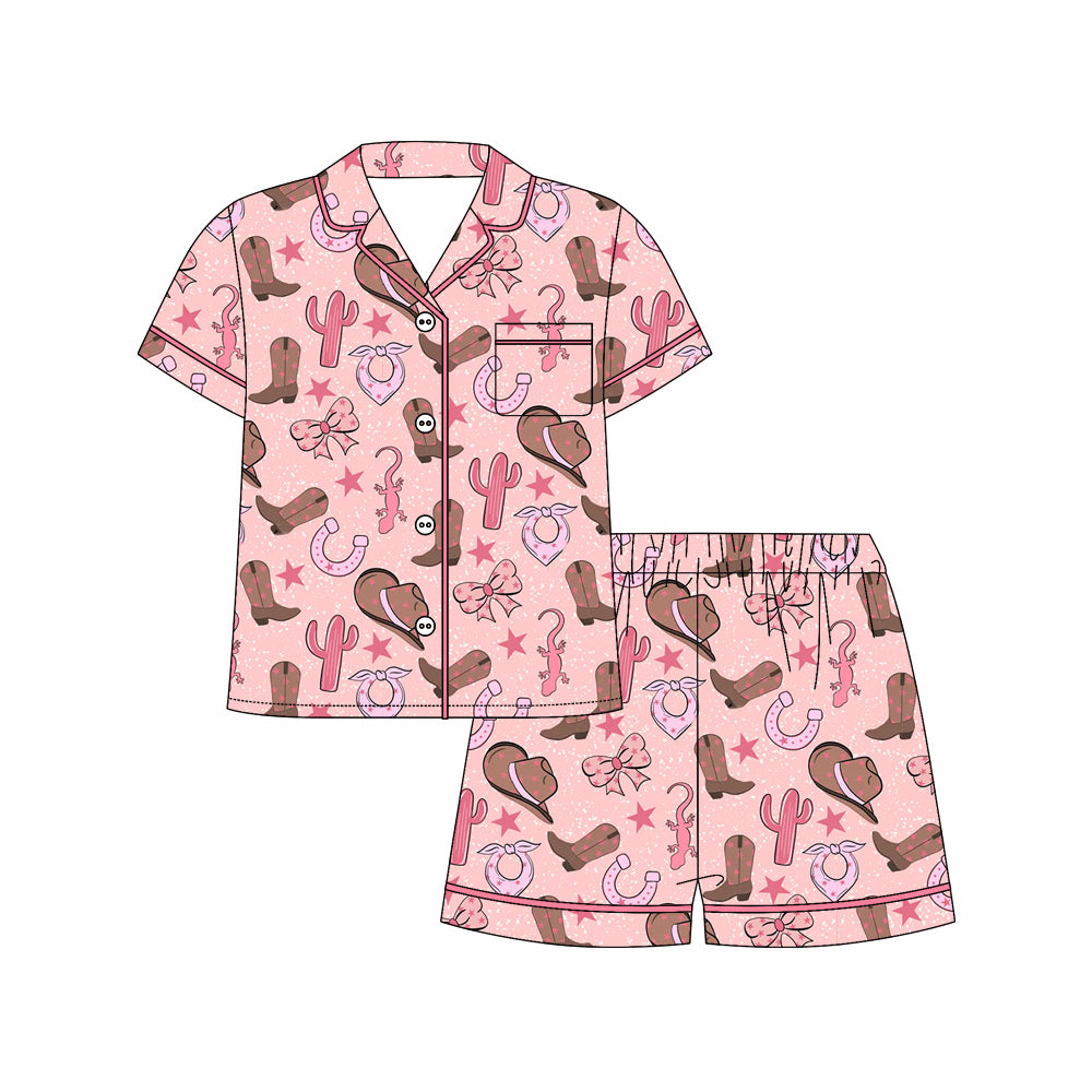 Preorder moq 5 Adult Short Sleeve Hats Boots Cactus Button Pockets Top Shorts Western Pajamas Sets