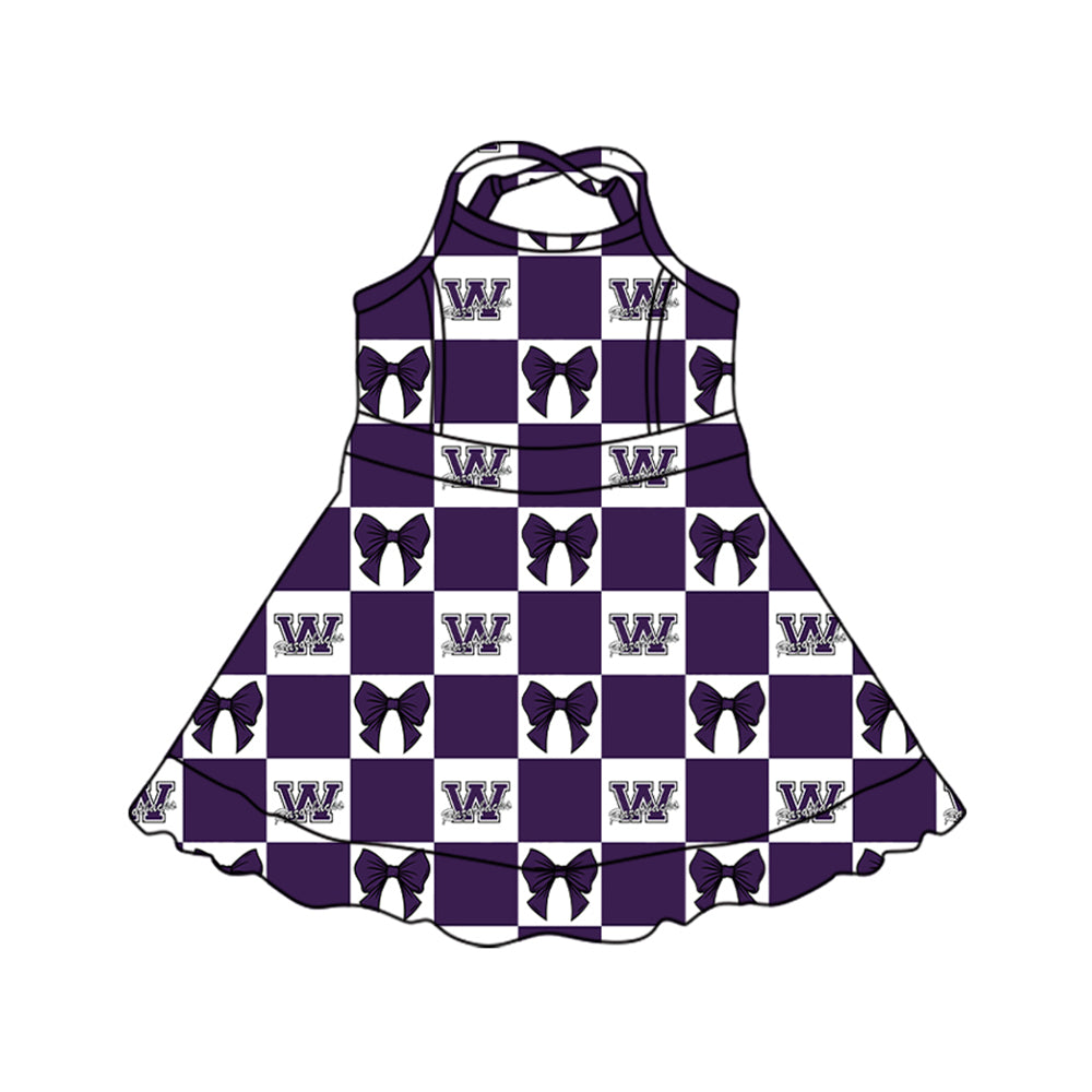 Preorder (moq 5)Baby Girls Strap Purple Bows Checked Walhalla Yoga Active Team Short Knee Length Dress