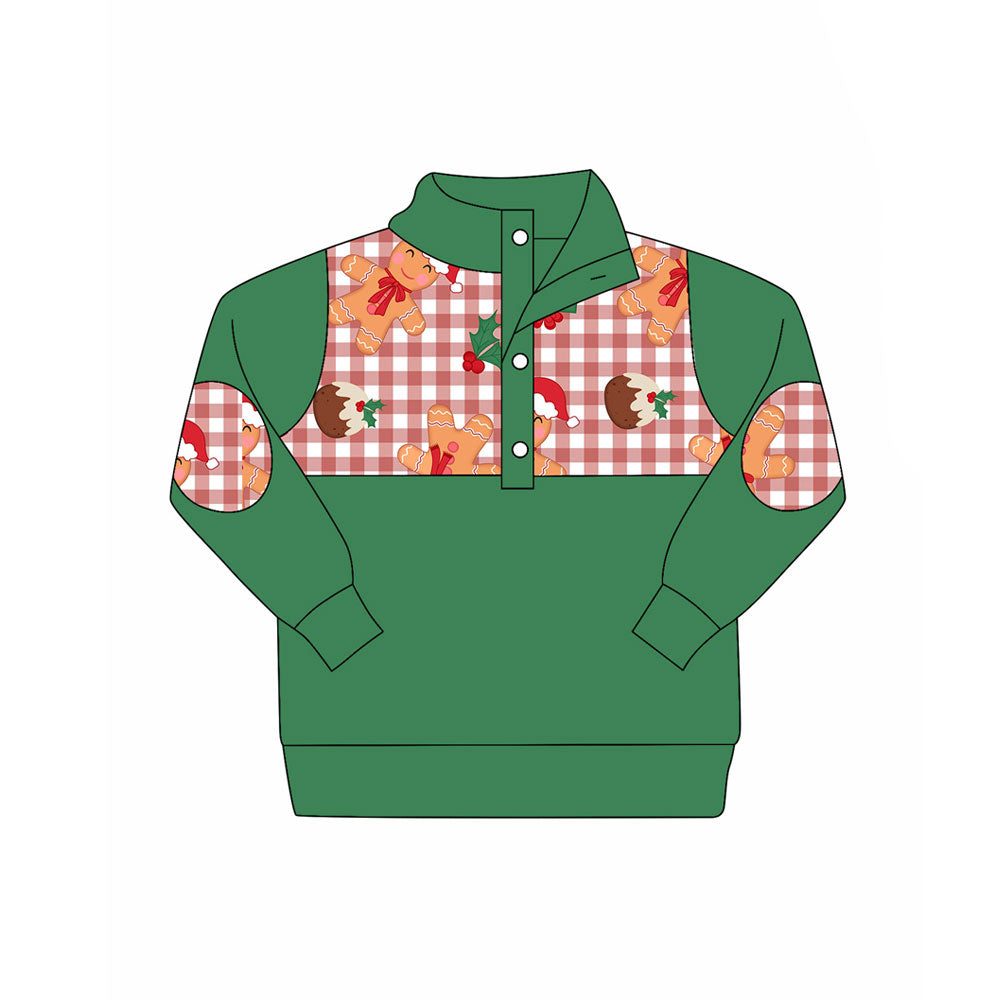 Preorder (moq 5)Baby Boys Green Long Sleeve Gingerbread Christmas Button Polo Shirts Top