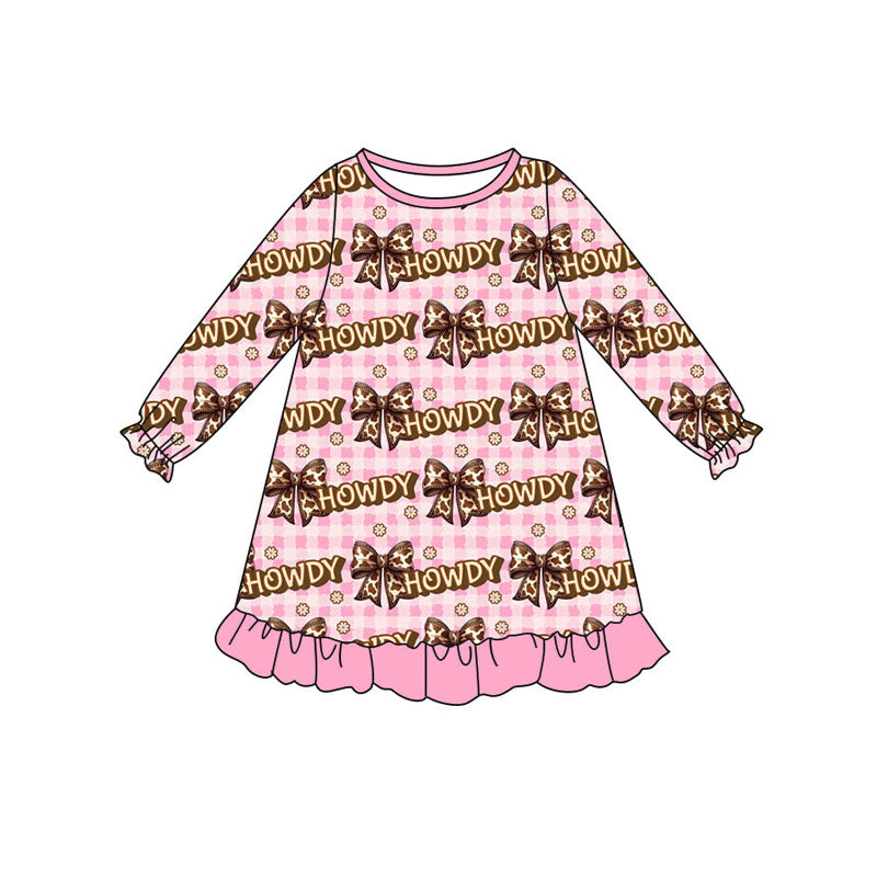 Preorder (moq 5)Baby Girls Pink Checked Bows Howdy Ruffle Knee Length Dresses