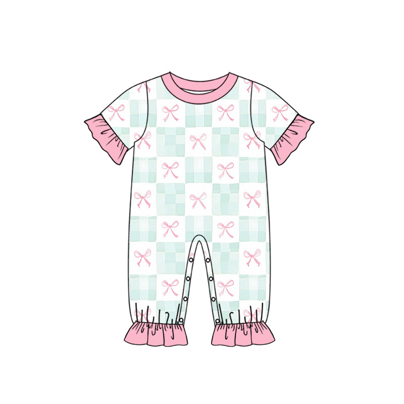 Preorder (moq 5) Baby Girl Clothes Mint Check Pink Bow Mixed Print Short Sleeve Ruffle Romper