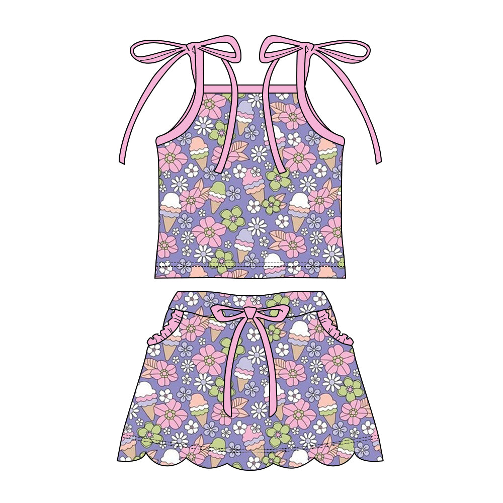 Preorder moq 5 Baby Girls Strap Flower Ice Creams Top Pockets Scallop Skirt Short Clothes Sets