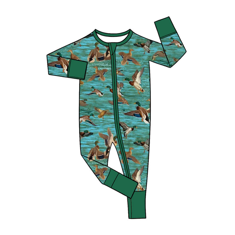 Preorder (moq 5) Baby Boy Clothes Realistic Flying Mallard Duck Water Scene Print Long Sleeve Zip Romper Jumpsuit