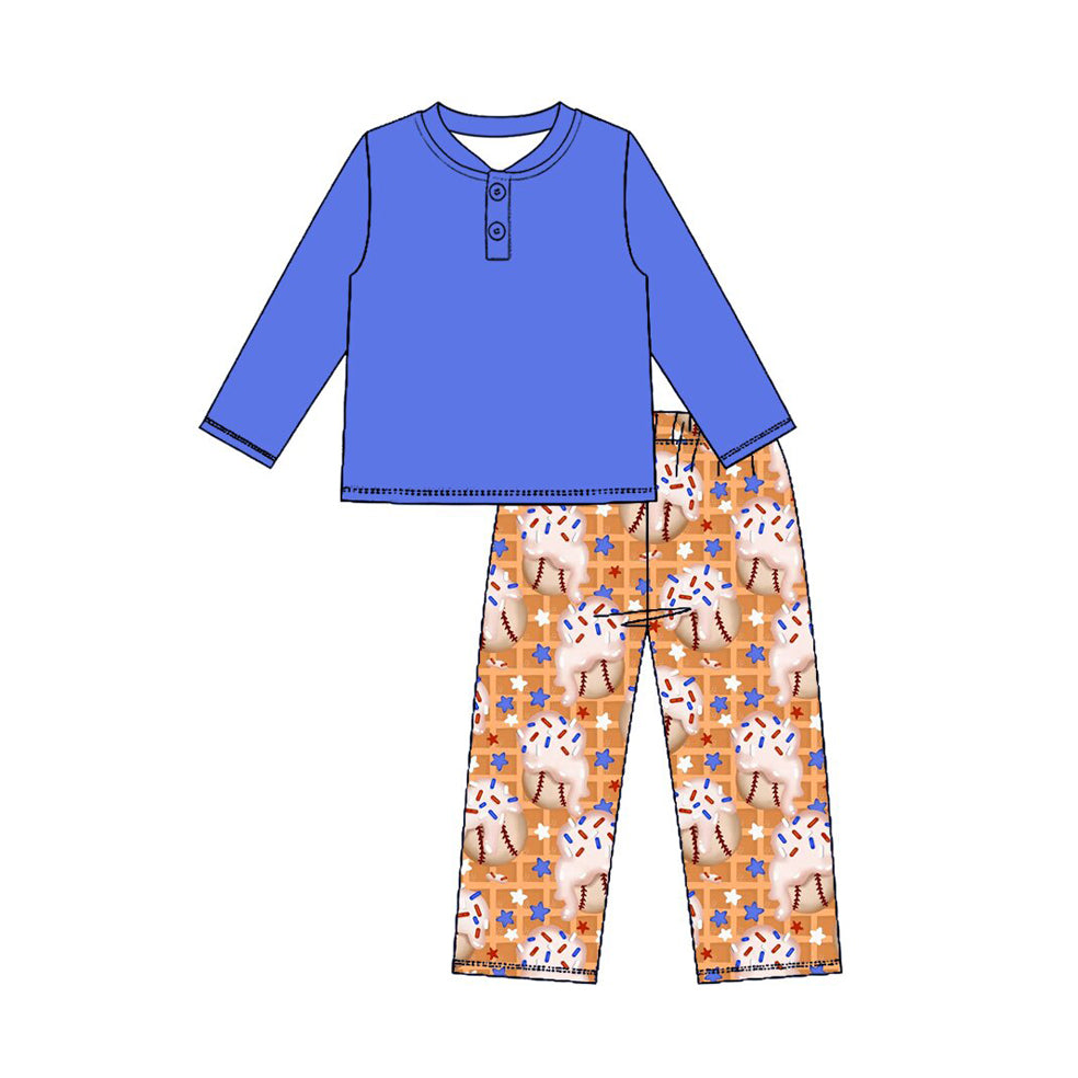 Preorder (moq 5) Baby Boy Clothes Baseball Waffle Ice Cream Sprinkle Mixed Print Long Sleeve Henley Pant Set