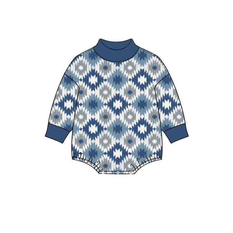 Preorder (moq 5) Baby Boy Clothes Western Aztec Diamond Geometric Mixed Print Long Sleeve Mock Neck Bodysuit