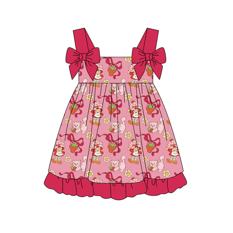 Preorder (moq 5)Baby Strawberry Girls Bows Flowers Strap Ruffle Knee Length Dresses