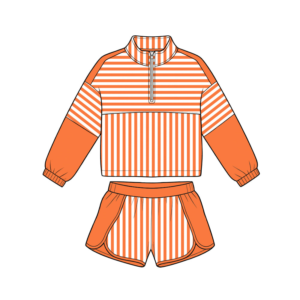 Preorder (moq 5)Baby Girls Long Sleeve Orange Stripe Zip Pullovers Short Clothes Set