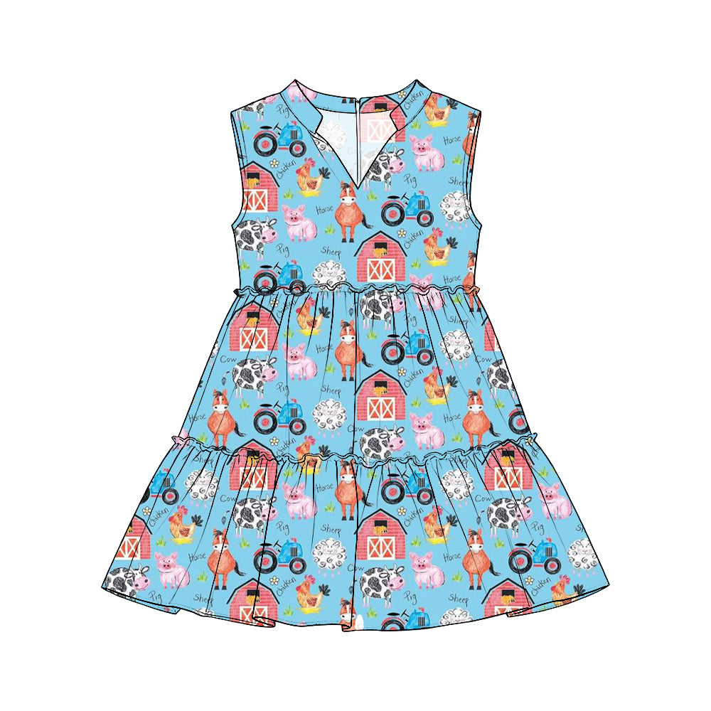 Preorder (moq 5) Girls Collared Sleeveless Tiered Dresses, Blue Farm Tractor, Rooster, Sheep & House Print, Fall Harvest Thanksgiving Outfit