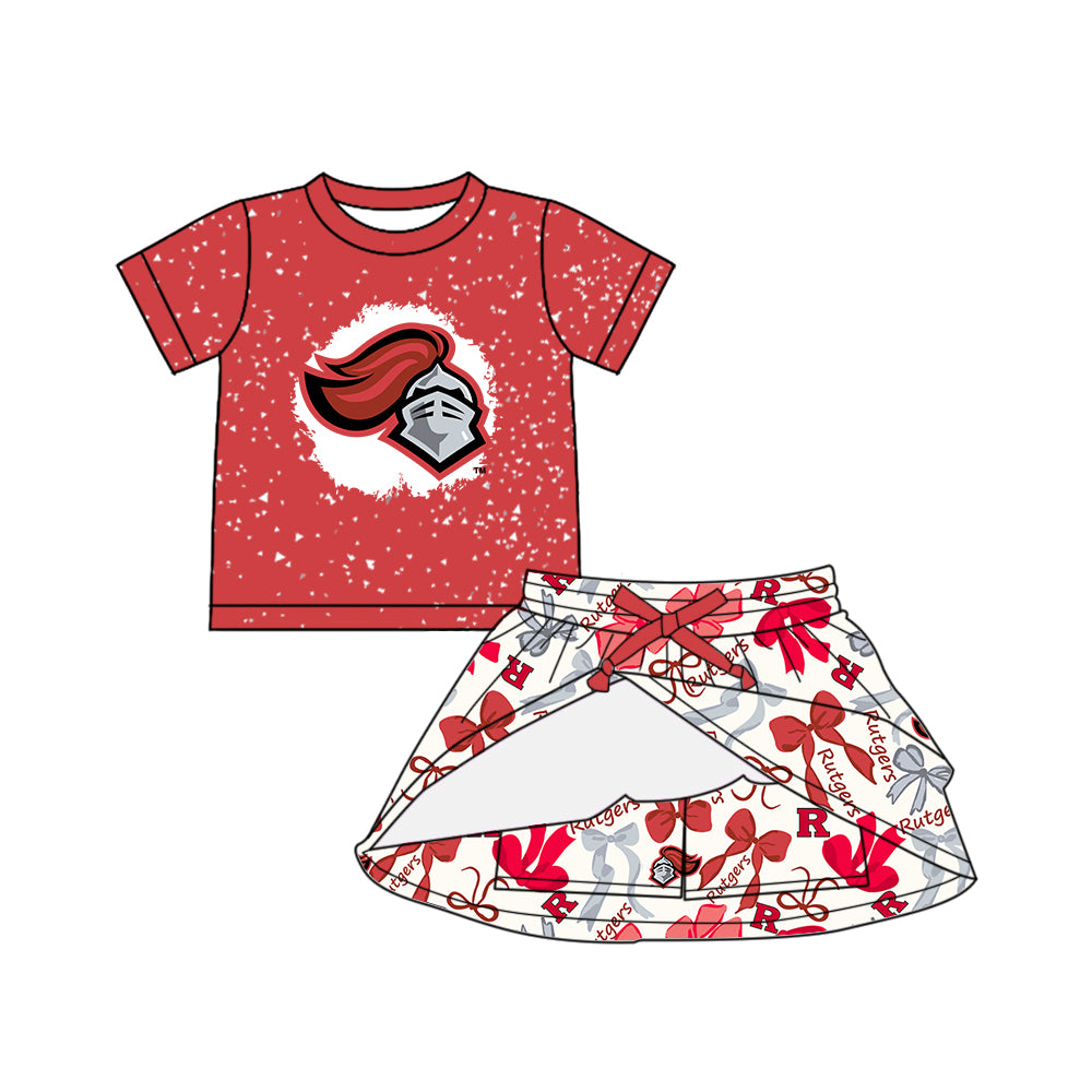 Preorder (moq 5)Baby Girls Red Short Sleeves Rutgers Top Bows Plaid Skorts Team Set